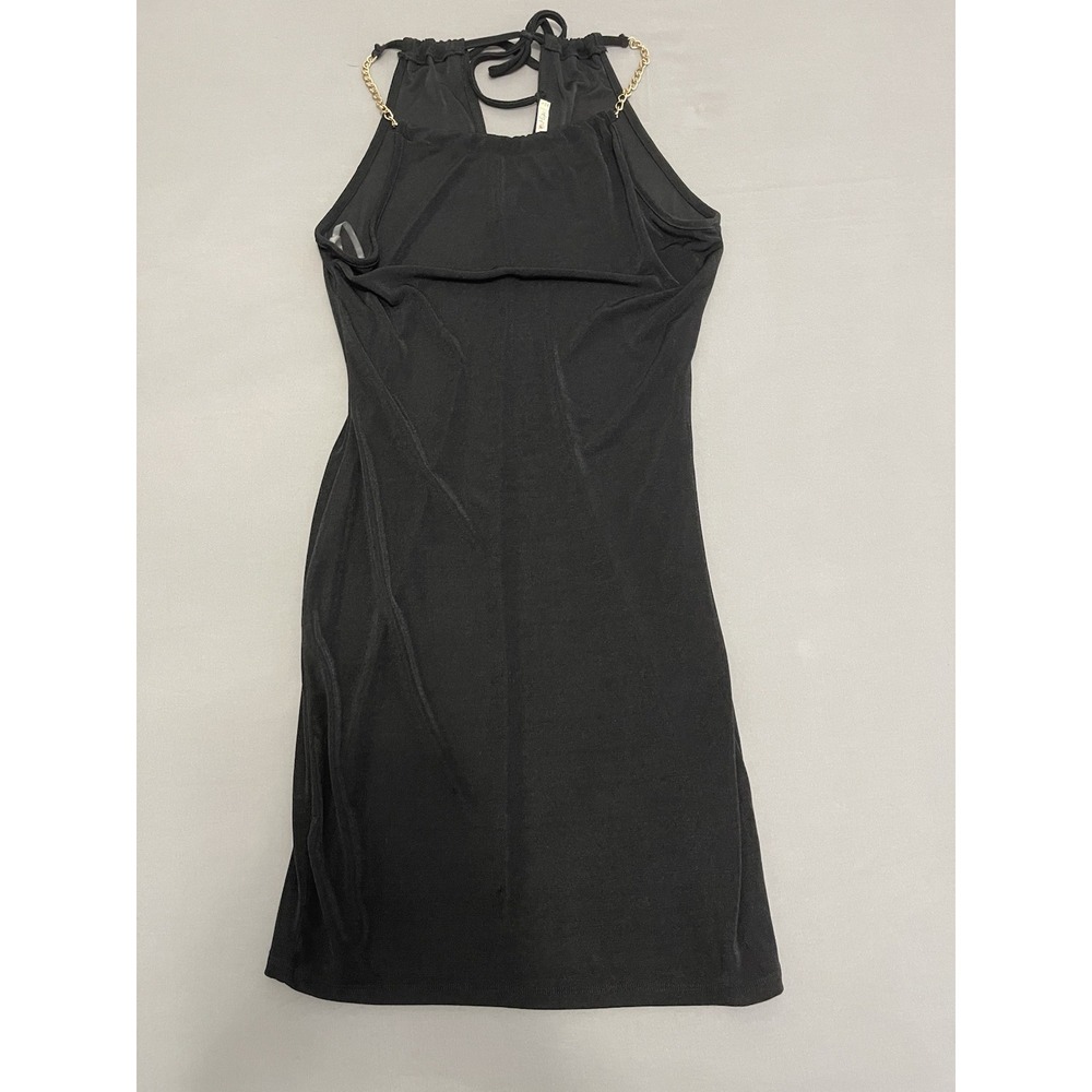 Heart Hips Black Halter Mini Dress Gold Chain Straps Keyhole Back JD45450 Size L